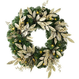 WeRChristmas Pre-Lit Decorated Christmas Wreath with 35 Warm White LED Lights, Champagne, 60 cm