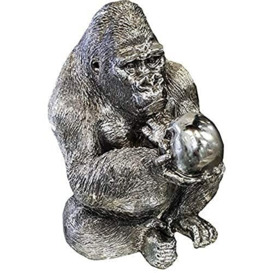 Contemplation of Life Silver Electroplated Gorilla Holding Skull Ornament