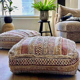 Mandala Life ART Bohemian Floor Cushion Cover - Pure Wool and Cotton Mix - 24x24x8 inches -Filler not Included - Artisan Hand Embroidery Patch Work - Boho Chic Luxury Moroccan Pouf Cover
