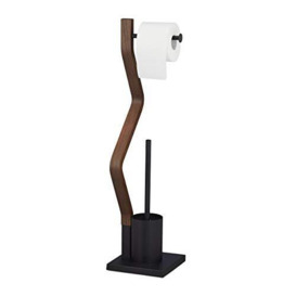 Relaxdays WC Set, Toilet Paper, Upright Stand, Bathroom Brush and Holder, HWD: 75 x 18.5 x 18.5 cm, Black/Brown, Steel 50% fibreboard, 18.5 x 18.5 cm