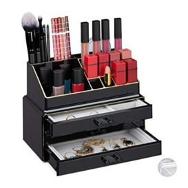 Relaxdays Make Up Organiser, 2 Pieces, with Jewellery Box, 3 Drawers, Plastic, HBT 18.5 x 23.5 x 15 cm, Black/Gold, 1 Item