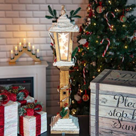 The Christmas Workshop 70769 85cm Snow Topped Wooden Lamppost With Rotating Star Light / 6 LED Lights / Indoor Christmas Decorations / Battery Operated / 85cm x 19cm x 19cm