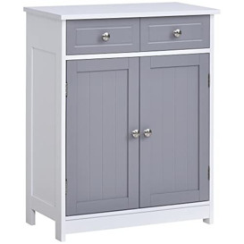 kleankin 75x60cm Freestanding Bathroom Storage Cabinet Unit w/ 2 Drawers Cupboard Adjustable Shelf Metal Handles Traditional Style Grey White