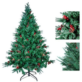 himaly 5FT/1.5M Christmas Tree with Pine Cones and Berries, PVC Artificial Christmas Tree with Metal Stand, Xmas Decoration Christmas Tree for Indoor Outdoor, Green