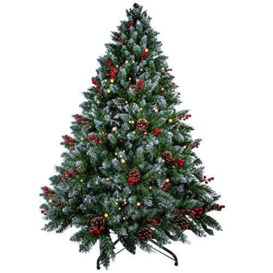 6FT/1.8M Christmas Tree with Lights Pine Cones and Berries, PVC Artificial Christmas Tree with Snow Flocked Tips, Xmas Decoration Christmas Trees for Indoor Outdoor