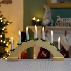 The Christmas Workshop 70859 Wooden Arched Christmas Candle Bridge / Pine Wood Finish / 7 Warm White LED Lights / Christmas Lights & Decorations / 44cm x 27cm x 4.5cm / Battery Powered