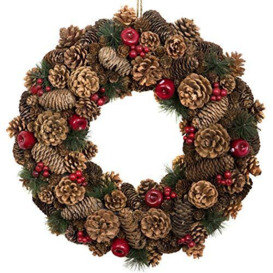 Premium Quality Christmas Hanging Wreath 48cm - Festive Pine Cone Display with Red Berries