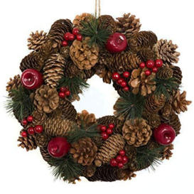 Christmas Hanging Wreath Festive Pine Cone Display Red Berries 32cm