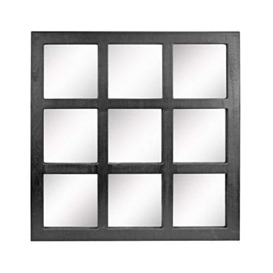 Stonebriar Square Rustic 9 Panel Window Pane Hanging Wall Mirror with Black Painted Wood Finish and Attached Mounting Brackets