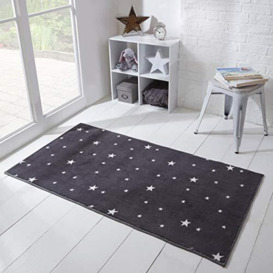 Dreamscene Star Print Rug Anti-Slip Carpet Kids Printed Non-Shed Polyester Floor Mat, Charcoal Grey - 60 x 120cm