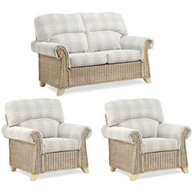 Desser Clifton Rattan Conservatory Furniture Set – Fully Assembled 2 Seater Sofa & 2x Armchairs – Luxury Indoor Real Cane Wicker Chair & Settee Suite with UK Made Cushions – Athena Check Fabric