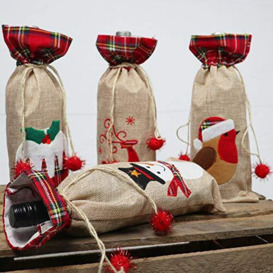 SHATCHI Wine Bottle Liquor Cover Bag with Drawstring Printed Pattern Burlap Hessian Linen Novelty Dinner Table Decorations-Reindeer/Snowman/Robin/Christmas Pudding
