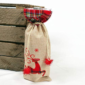 SHATCHI Wine Bottle Liquor Cover Bag with Drawstring Printed Pattern Burlap Hessian Linen Novelty Dinner Table Decorations-Reindeer/Snowman/Robin/Christmas Pudding, 15x35cm