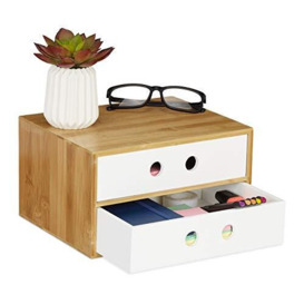 Relaxdays Desk Organiser, 2 Drawers, Office Storage Box, HxWxD: 14 x 25 x 20 cm, Bamboo & MDF, White