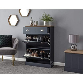 GFW Kendal Cabinet Cupboard with Top Drawer and 2 Pull Down Storage Compartments for Up to 12 Slim Wooden Shoe Unit for Hallway and Bedroom, Slate Blue, H-108.5cm x W-76.5cm x D-29cm