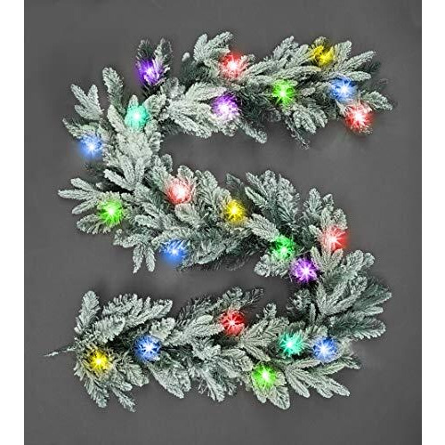 SHATCHI 2m/200cm Pre-Lit Christmas Garland Lapland Fir for Fireplaces Home Wall Door Stair Snow Flock Artificial Xmas Tree Garden Yard Decorations with 50 Multicolour LEDs