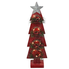 SHATCHI Christmas Holiday Home Décor Battery Operated Wooden Tree Tabletop Centrepiece with Wreath and 15 Small Warm White Bulbs – (Grey/Red/Green), 80cm, Wood, 25 x 10 x 80H cm
