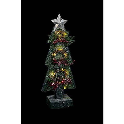 SHATCHI Christmas Holiday Home Décor Battery Operated Wooden Tree Tabletop Centrepiece with Wreath and 15 Small Warm White Bulbs – (Grey/Red/Green), 80cm, Wood, 25 x 10 x 80H cm