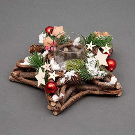 SHATCHI Star Shape Wooden Candle Holder Tabletop Centrepiece Christmas Holiday Home Decorated with Red/Silver Baubles, Berries and Cones (34cm/24cm), Wood, 34x34x10 cm