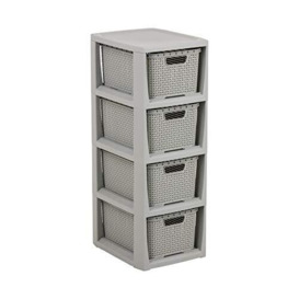 Branq - Home essential, Rattan Design BPA Free Plastic 4 Drawer Storage Unit, Ideal for Home Office, Bedroom and Bathroom Storage, 29.5 x 24 x 64.2 cm (LxWxH) - Light Grey