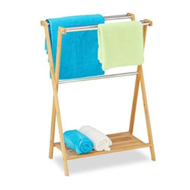 Relaxdays Free-Standing Bamboo Towel Holder, HxWxD: 87 x 58.5 x 36 cm, 5 Rails and 1 Shelf, Clothes Stand, Natural