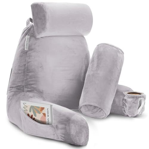 Clara Clark Reading Pillow Adult, Back Pillow for Sitting in Bed - Shredded Memory Foam Reading & Bed Rest Pillow with Arms and Pockets - Bed Pillows for Sitting Up In Bed - Large, Light Gray Lavender