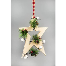 SHATCHI 36cm Cream Wooden Star Wall Hanging Ornament Decorated with White Bells Berries and Pines Christmas Holiday Home Decorations, 25x1.2x36 cm