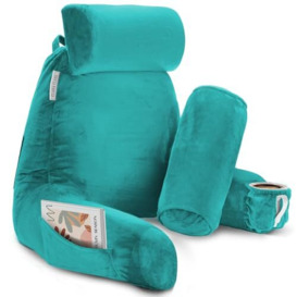 Clara Clark Reading Pillow Adult, Back Pillow for Sitting in Bed - Shredded Memory Foam Reading & Bed Rest Pillow with Arms and Pockets - Bed Pillows for Sitting Up in Bed - Large, Teal Blue