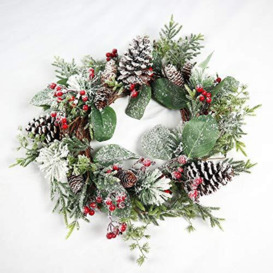SHATCHI Natural Looking Artificial Snow Leaves, Flowers, Pinecones and Berries Garland Front Door Hanging Christmas Decorations Xmas Wedding Décor, Green Wreath, 60 CM
