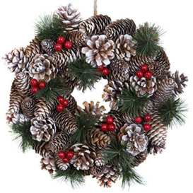 GreenBrokers Premium Quality Christmas Hanging Wreath 30cm - Festive Pine Cone Display with Subtle White Frosting