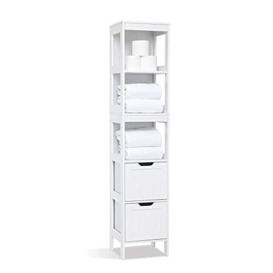 Mondeer Tall Bathroom Cabinet, Storage Unit with 2 Drawers and 3 Open Shelves, White Free Standing Painted MDF Slim Organiser, 30 x 30 x 144 cm for Bathroom Living room and Kitchen