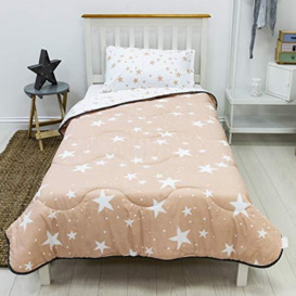 Rest Easy Single Coverless Duvet Bedding - Care Free Reversible Coverless Quilt & Pillowcase - Washable Duvet - Perfect For Travelling & Sleepovers, 10.5 Tog Pink Stars Design
