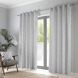 "Fusion - Navaho - 100% Cotton Pair of Boho Eyelet Curtains - 90"" Width x 90 Drop (229 x 229cm) in Silver Grey"