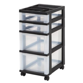 IRIS Plastic Storage, Rolling Cart with Organizer Top, Black, 4 Drawer