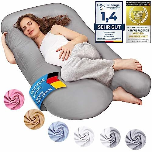 SMOOTHY Pregnancy pillow, side sleeper pillow, positioning pillow, baby pillow & breastfeeding pillow in U-shape with removable & washable cover made of cotton (Junior XL, 120 x 70 cm, Gray)