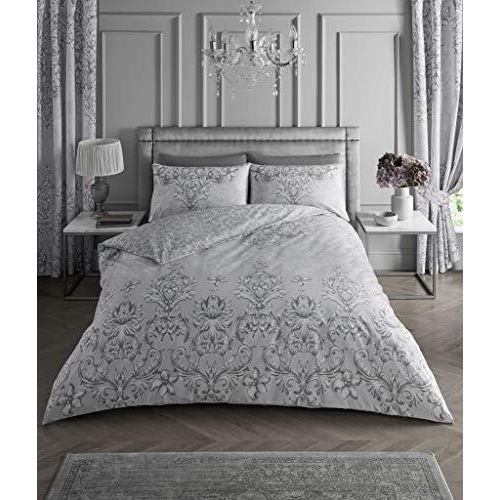 Polycotton Damask Duvet Cover Super King Size, Luxury Reversible Bedding Sets, Flowers Quilt Covers, Grey