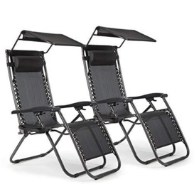 IntimaTe WM Heart Zero Gravity Sun Lounger, Set of 2 Zero Gravity Outdoor Garden Chairs, Ergonomic Folding Reclining Sun Loungers with Cup Holder, Headrest and Canopy Shade, Black (2 PCS)