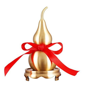 "PAKUNDAS Feng Shui Wu Lou Brass Golden Gourd with Holder and Red Luck Strip for Home Decor Furnishing,HuLu 6.36"",Base Holder 1"",Full Brass,Statue Charm Amulet,Bring You Good Luck,Healthy,Success"