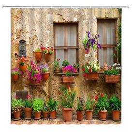 FILMILIL Farm Style Shower Curtain Garden Potted Italian Green Plants Vintage Windows 3D Printing Mediterranean Greece Scene Bathroom Decoration Polyester Fabric with Hooks (90 X 70 Inch)