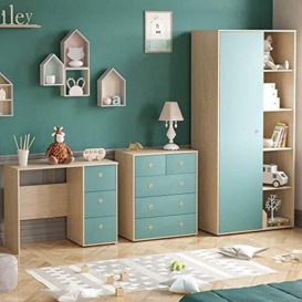 Junior Vida Neptune 3 Piece Bedroom Furniture Set 5 Drawer Chest, 3 Drawer Desk, 1 Door Wardrobe (Blue & Oak)