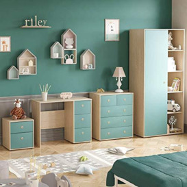 Junior Vida Neptune 4 Piece Bedroom Furniture Set 5 Drawer Chest, 2 Drawer Bedside Table Cabinet, 3 Drawer Desk, 1 Door Wardrobe (Blue & Oak)