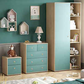 Junior Vida Neptune 3 Piece Bedroom Furniture Set 2 Drawer Bedside Table Cabinet, 5 Drawer Chest, 1 Door Wardrobe (Blue & Oak)