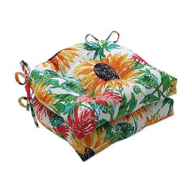 "Pillow Perfect Bright Floral Indoor/Outdoor Chairpad with Ties, Reversible, Tufted, Weather, and Fade Resistant, 15.5"" x 16"", Yellow/Green Sunflowers, 2 Count"