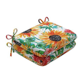 Pillow Perfect Outdoor - Indoor Sunflowers Sunburst Rounded Corners Seat Cushion (Set of 2), 15.5 X 18.5 X 3, Yellow