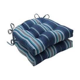 "Pillow Perfect Stripe Indoor/Outdoor Chairpad with Ties, Reversible, Tufted, Weather, and Fade Resistant, 15.5"" x 16"", Blue/Grey Terrace, 2 Count"