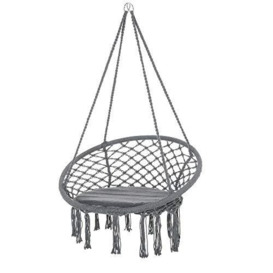 Outsunny Outdoor Cotton-Polyester Blend Macrame Hanging Rope Chair with Cushion, Portable Garden Chair with Fringe Tassels for Patio, Deck, Tree, Grey