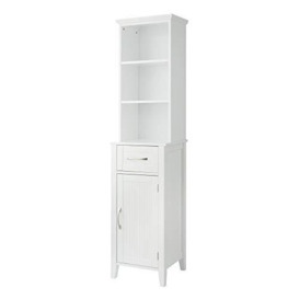 Teamson Home Wooden Bathroom Furniture Tall Cabinet Free Standing Linen Tower Shelves & Drawer White EHF-F0006