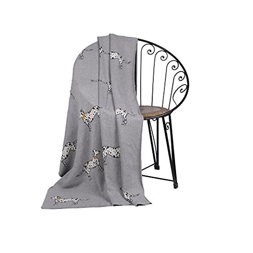 Penguin Home Knitted Throw Blanket in Pet Designs 100% Cotton - Versatile Soft Warm Blanket Fluffy Throws for Sofa Couch Single Size - 130x150 cm - Dalmatians Light Grey