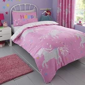 Bedlam - Unicorn Glow - Childrens Glow in the Dark Duvet Cover Set - Double Bed Size in Pink