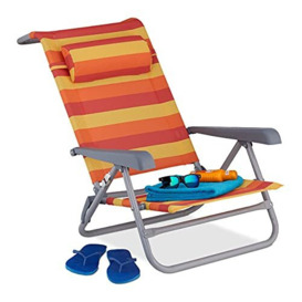 Relaxdays Folding Adjustable Beach Chair with Neck Cushion, Armrests and Bottle Opener, Yellow/Red/Orange, 1 Item